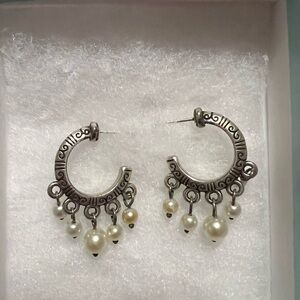 Brighton Silver and Pearl Half Hoop Earrings